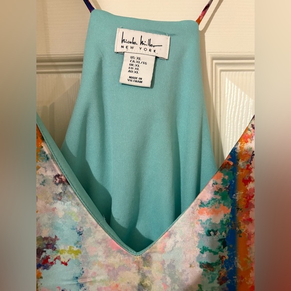 Nicole Miller  Spaghetti Strap Watercolor wedding guest  Dress Silky Maxi Sz xl - Picture 6 of 9